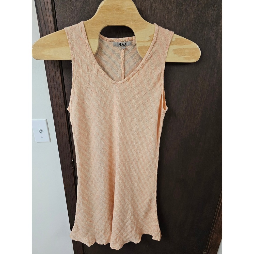 FLAX 100% Linen Sleeveless V-Neck Tank Dress Orange Cream Striped Size Large